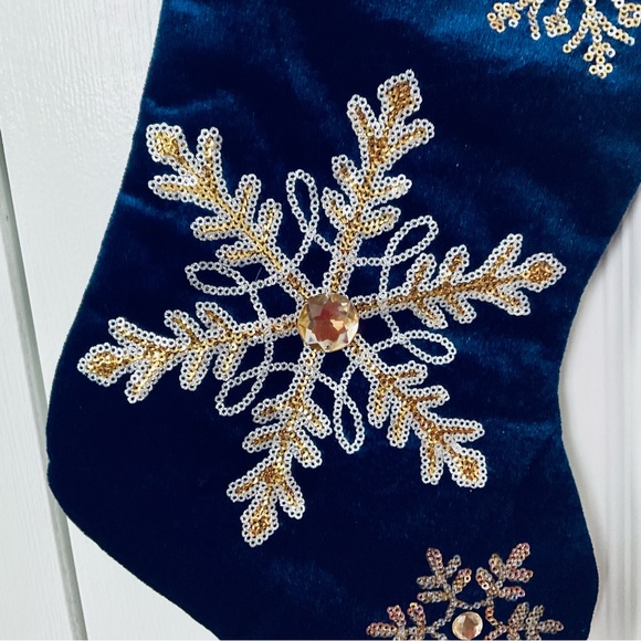 Midnight Blue Velveteen Christmas Hanging Stocking with Gold Sequined Snowflakes - Picture 2 of 9